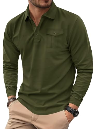 Herberton Herren Poloshirts Button Down Baumwolle Langarmtasche Einfarbig Casual Work Klassisches Hemd mit Kragen ArmyGreen M von Herberton