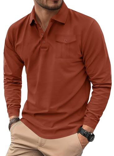 Herberton Herren Poloshirts Langarm Baumwolle Button-Down-Tasche Einfarbig Classic Work Casual Kragen Hemd Orange-Rot M von Herberton