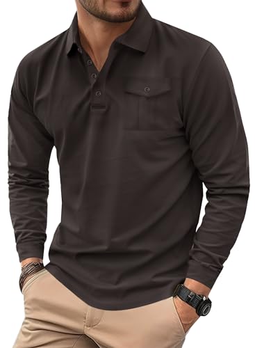 Herberton Herren Poloshirts Langarm Baumwolltasche Button-Down Einfarbige Arbeit Klassische Freizeitkragen Hemd Kaffee XL von Herberton
