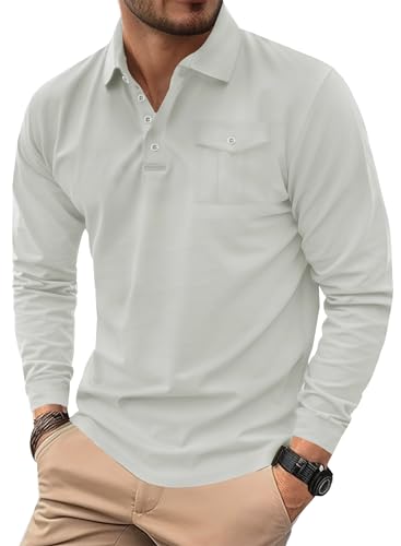 Herberton Herren Poloshirts Langarm Button-Down-Baumwolltasche Einfarbig Klassisch Casual Arbeitskragen Golfhemd Grau S von Herberton