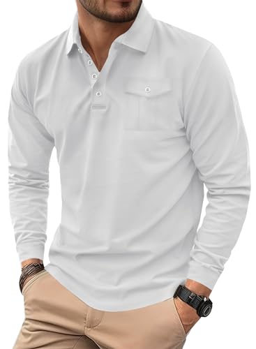 Herberton Herren Poloshirts Langarm Einfarbig Baumwolle Button-Down-Tasche Casual Work Slim Fit Kragen Hemd Weiß M von Herberton