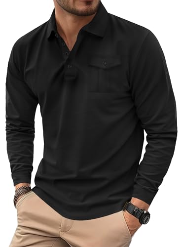 Herberton Poloshirts für Männer Langarm Baumwolle Einfarbig Button-Down-Tasche Klassische Arbeit Slim Fit Hemd Schwarz XL von Herberton