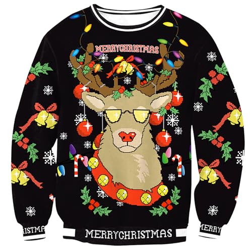 Herberton Weihnachtspullover Unisex Lustiger hässlicher Urlaub Weihnachtsbaum Damen Herren Sweater Pullover Rentier 3D gedruckt Langarm Sweatshirt 3XL von Herberton