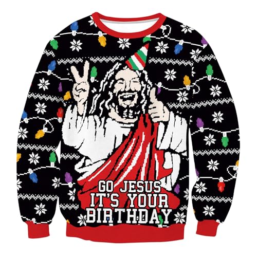 Herberton Weihnachtspullover Unisex Lustiges Langarmshirt Hässlicher Weihnachtsbaum Damen Herren Sweater Pullover Jesus 3D-gedrucktes Sweatshirt 3XL von Herberton