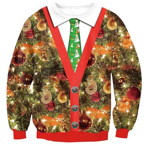 Herberton Weihnachtspullover Unisex Weihnachten Urlaub Damen Herren Sweater Pullover 3D Gedruckter hässlicher Baum Lustiges Langarm-Sweatshirt 3XL von Herberton