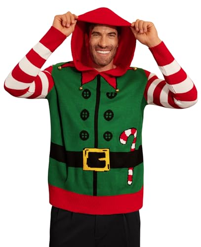Herberton Weihnachtspullover für Herren lustiger Kapuzenpullover geschmacklos mit Kapuze Zuckerstange frecher Sweater für Erwachsene Elf XL von Herberton