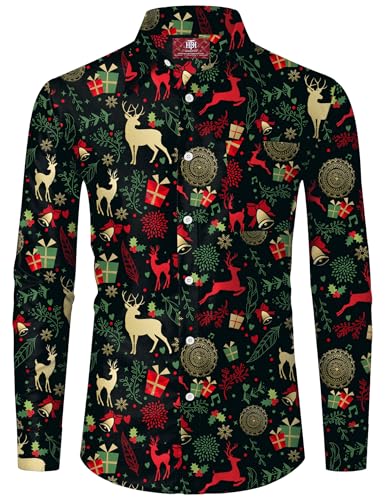 Herren Christmas Gilded Rentier Hemd Neuheit Weihnachten Knopfhemd Schwarz Langarm Hemd mit Knopfleistes XXL von Herberton