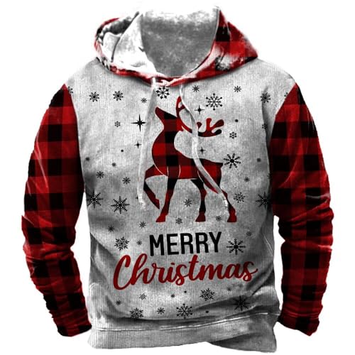 Herren Christmas Kapuzenpullover Hässlich Frohe Weihnachten Rentier Sweatshirt Rot Plaid Schneeflocke 3D Print Pullovers XL von Herberton