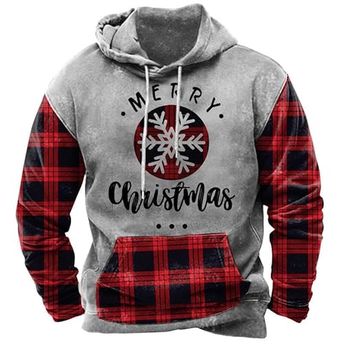 Herren Christmas Kapuzenpullover Hässlich Xmas Schneeflocke Sweatshirt Rot Plaid 3D Print Pullovers mit Tasche XXL von Herberton