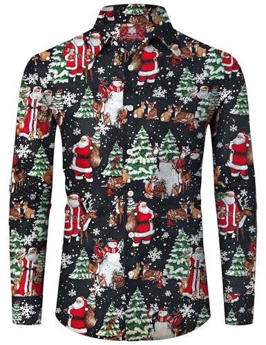 Herren Christmas Knopfhemds Langarm Weihnachtsmann Rentier Hemd Schwarz Urlaub Hemd mit Kragen XXL von Herberton