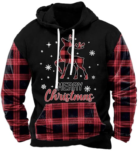 Herren Retro Christmas Sweatshirt Hässlich Xmas Rentier Kapuzenpullover Reisen Schwarz Schneeflocke Farbblock Pullover L von Herberton