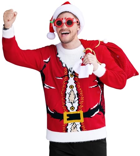 Herren Weihnachten Sweater Hässlich Xmas Weihnachtsmann Pullover Langarm Neujahr Rot Grafik Knitted Jumpers M von Herberton