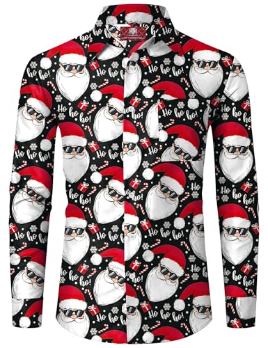 Herren Weihnachtsmann Hemd Lustig Christmas Knopfhemd Langarm Schwarz Xmas Ho Ho Ho Hemd XL von Herberton