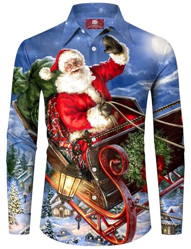 Männer Christmas Hemd Hässlich Weihnachtsmann Knopfhemd Blau Langarm Weihnachten Schlitten Hemd L von Herberton