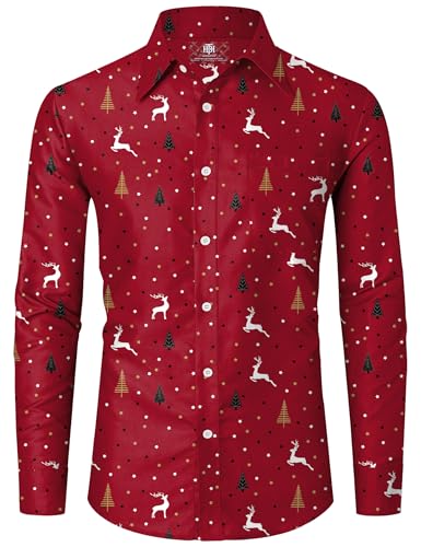 Männer Christmas Knopf Hemd Vergoldet Rentier Knopfhemd Langarm Rot Hässlich Hemd mit Brusttasche S von Herberton