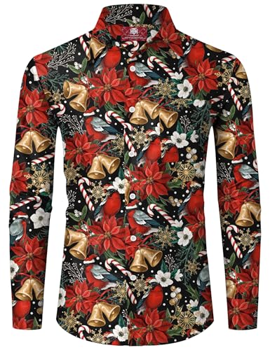 Männer Frohe Weihnachten Hemd Lange Ärmel Weihnachtsbaum Helles Xmas Glocken Hemd mit Knopfleiste L von Herberton