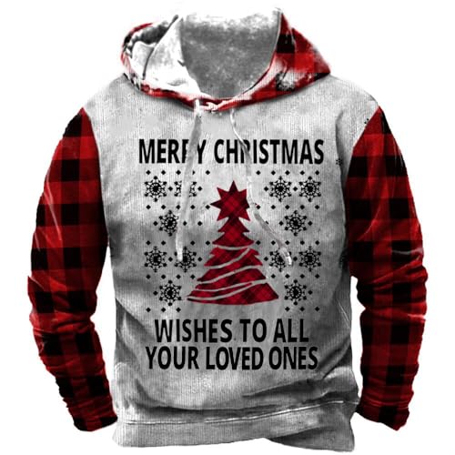 Männer Weinlese Christmas Hoodie Lustig Weihnachten Baum Sweatshirt Urlaub Rot Plaid Raglan Farbblock Pullovers XXL von Herberton