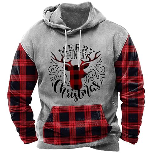 Männer Weinlese Christmas Kapuzenpullover Lustig Xmas Hirsche Sweatshirt Urlaub Rot Farbblock Pullovers mit Tasche M von Herberton