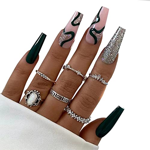 24 Stück Künstliche Nägel Zum Aufkleben, Lange Falsche Nägel Sarg Ballerina Französische Acryl Kunst Nagelspitzen Press on Nails Tips Full Cover für Frauen Mädchen Nagel-Salons,Silber von Herbests