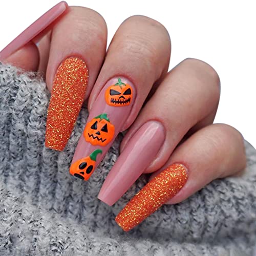 24 Stück Sarg Ballerina Falsche Nägel zum aufkleben, Halloween Länge Künstliche Nägel Acryl Fingernägel Drücken auf den Nägeln Full Cover für DIY Nagelkunst Salon für Frauen Mädchen,Kürbis von Herbests