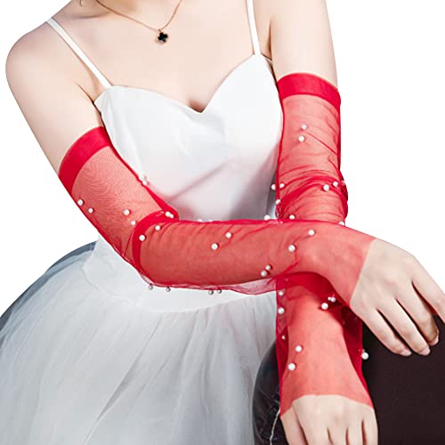 Herbests Fingerlose Handschuhe für Damen, Ellenbogen Lang Spitze Hochzeithandschuhe mit Perle Sommer Sonnenschutz Handschuhe Hochzeit Party Abend Handschuhe Fahrhandschuhe Armstulpen für Radsport,Rot von Herbests