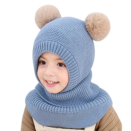 Herbests Warm Mütze und Schal Set für Jungen Mädchen 3-6 Jahre, Baby Beanie Stricken Wintermütze Warm Niedlich Schlupfmütze Kinder Bommelmütze Schalmütze Strickmütze mit Pompom,Blau von Herbests