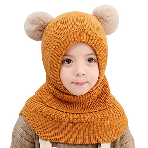 Herbests Warm Mütze und Schal Set für Jungen Mädchen 3-6 Jahre, Baby Beanie Stricken Wintermütze Warm Niedlich Schlupfmütze Kinder Bommelmütze Schalmütze Strickmütze mit Pompom,Gelb von Herbests