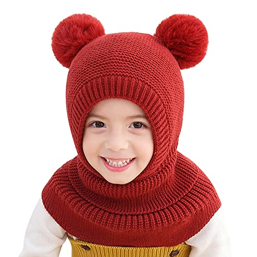 Herbests Warm Mütze und Schal Set für Jungen Mädchen 3-6 Jahre, Baby Beanie Stricken Wintermütze Warm Niedlich Schlupfmütze Kinder Bommelmütze Schalmütze Strickmütze mit Pompom,Rot, (HER00120397) von Herbests