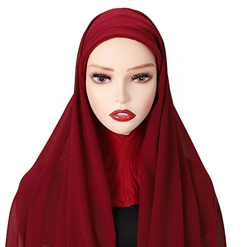 Hijab Kopftuch Damen Muslimisch,Einfarbiger Chiffon Hijab Kopftuch Schal Chemo Bandana mit integrierter Mütze islamische Stretch-Turban für Frauen Langer Schal Kopfbedeckung für Frauen,Weinrot von Herbests