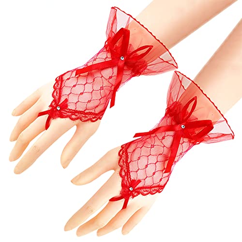 Hochzeit Braut Handschuhe,Spitze Handschuhe Kurz Fingerlos Handschuhe Netzstoff Mesh Hochzeithandschuhe Opera Fest Party Geburtstag Karneval Tanzen Abend Handschuhe Damen Kostüm Accessoires,Rot von Herbests