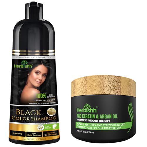 Herbishh Haarfarbe Shampoo für graues Haar 500ml + Argan-Haarmaske für trockenes oder geschädigtes Haar | Haarfarbe | Abdeckung graues Haar für Damen und Herren (Black) von Herbishh