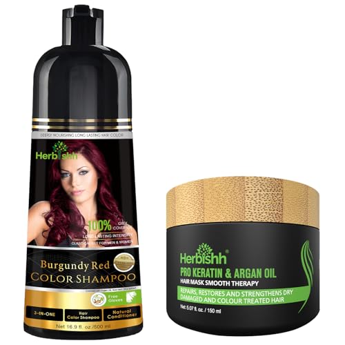 Herbishh Haarfarbe Shampoo für graues Haar 500ml + Argan-Haarmaske für trockenes oder geschädigtes Haar | Haarfarbe | Abdeckung graues Haar für Damen und Herren (Burgundy) von Herbishh