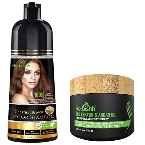 Herbishh Haarfarbe Shampoo für graues Haar 500ml + Argan-Haarmaske für trockenes oder geschädigtes Haar | Haarfarbe | Abdeckung graues Haar für Damen und Herren (Chestnut Brown) von Herbishh