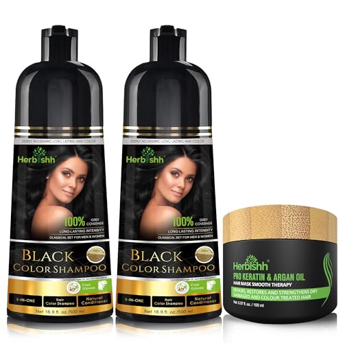 Herbishh Ultimate Haarfärbeshampoo Kit (2 Stück + Argan Haarmaske) für Graues Haar - Permanente Färbung für Männer und Frauen - Langanhaltend (Black) von Herbishh