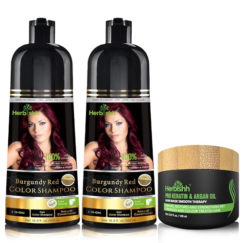 Herbishh Ultimate Hair Color Shampoo Kit (2 Stück Hair Color Shampoo + Argan Hair Mask) für graues Haar Permanentes Haarfärbeshampoo für Männer und Frauen Langanhaltendes Shampoo (Burgundy) von Herbishh