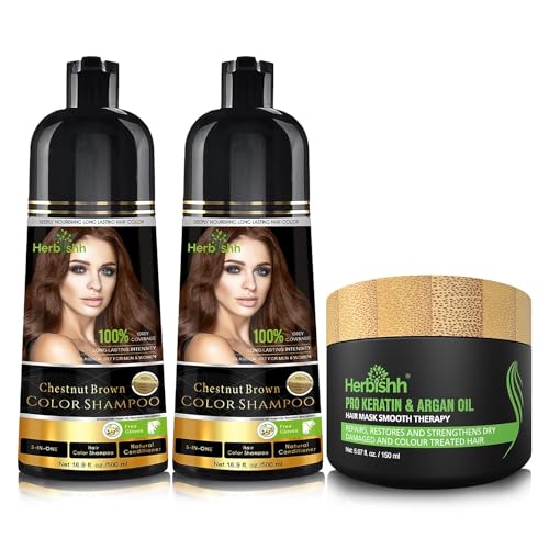 Herbishh Ultimate Haarfärbeshampoo Kit (2 Stück + Argan Haarmaske) für Graues Haar - Permanente Färbung für Männer und Frauen - Langanhaltend (Kastanienbraun) von Herbishh