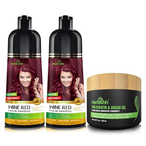 Herbishh Ultimate Hair Color Shampoo Kit (2 Stück Hair Color Shampoo + Argan Hair Mask) für graues Haar Permanentes Haarfärbeshampoo für Männer und Frauen Langanhaltendes Shampoo (Wine Red) von Herbishh