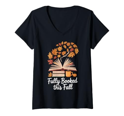 Damen Fully Booked This Fall T-Shirt mit V-Ausschnitt Damen Fully Booked This Fall T-Shirt mit V-Ausschnitt von Herbst Bibliophil Buch Bücherwurm Lesen