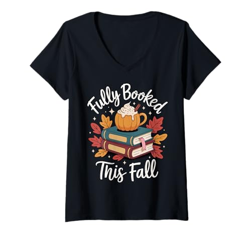 Damen Fully Booked This Fall T-Shirt mit V-Ausschnitt Damen Fully Booked This Fall T-Shirt mit V-Ausschnitt von Herbst Bibliophil Buch Bücherwurm Lesen
