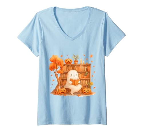 Damen Süßer Geist Aquarell mit Büchern und Kürbissen T-Shirt mit V-Ausschnitt Damen Süßer Geist Aquarell mit Büchern und Kürbissen T-Shirt mit V-Ausschnitt von Herbst Halloween Watercolor