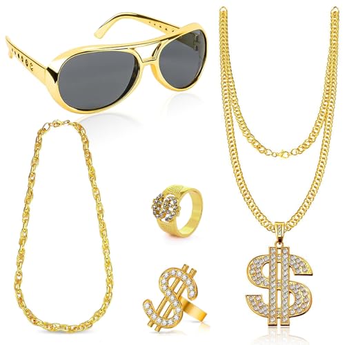 Herbst 80er Jahre Fasching Accessoires Goldkette Kostüm, 5 Stück Dollar Kette Gold Goldkette Herren Fasching Karneval Kostüm Ringe Sonnenbrille Goldkette Set Rap Hip Hop Accessories von Herbst