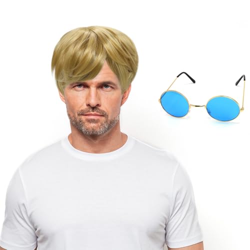 Herbst Blonde Perücke Herren, Kurze Perücke Männer mit Sonnenbrille, 70er 80er Disco Täglich Halloween Karneval Perücke Fasching von Herbst