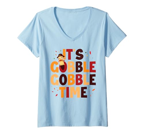 Damen Es ist Gobble Gobble Zeit T-Shirt mit V-Ausschnitt Damen Es ist Gobble Gobble Zeit T-Shirt mit V-Ausschnitt von Herbsternte Cornucopia