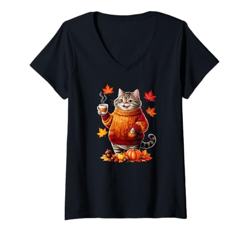 Damen Gemütliche Katze Mit Pulli Lustige Herbst Grafik T-Shirt mit V-Ausschnitt Damen Gemütliche Katze Mit Pulli Lustige Herbst Grafik T-Shirt mit V-Ausschnitt von Herbstlich Lustige Motive Mit Tieren