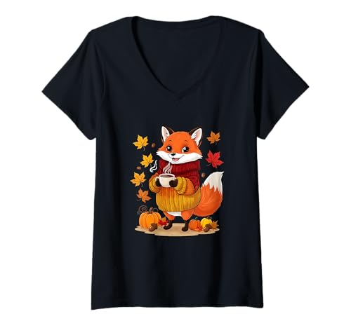 Damen Gemütlicher Fuchs Mit Pulli Lustige Herbst Grafik T-Shirt mit V-Ausschnitt Damen Gemütlicher Fuchs Mit Pulli Lustige Herbst Grafik T-Shirt mit V-Ausschnitt von Herbstlich Lustige Motive Mit Tieren