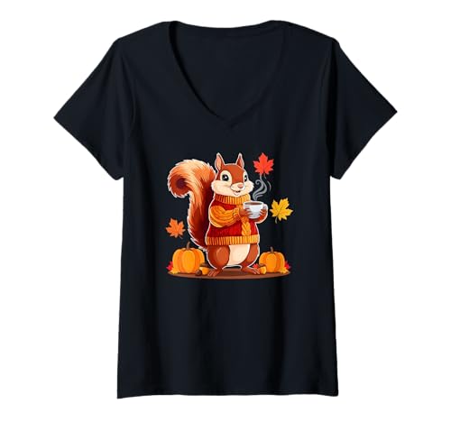 Damen Lustiges Eichhörnchen Mit Pulli Herbst Grafik T-Shirt mit V-Ausschnitt Damen Lustiges Eichhörnchen Mit Pulli Herbst Grafik T-Shirt mit V-Ausschnitt von Herbstlich Lustige Motive