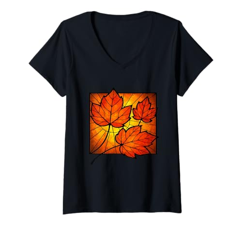 Damen Abstract Autumn Herbst Vintage Herbstlich T-Shirt mit V-Ausschnitt Damen Abstract Autumn Herbst Vintage Herbstlich T-Shirt mit V-Ausschnitt von Herbstliche Kunst Blätter Abstrakt Herbst