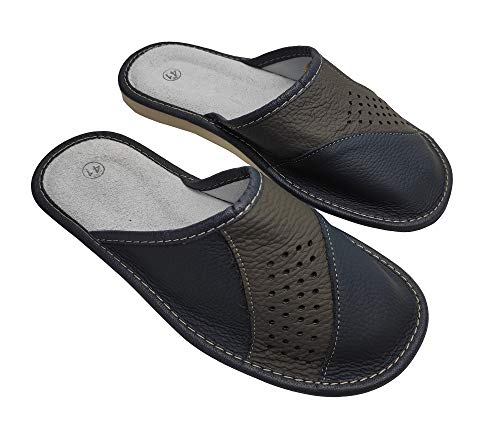 Hausschuhe Lederpantoffel Schuhe aus Leder Herren Pantoletten Schlappen mit Leder-Innensohle Herrenhausschuhe Dunkelblau Größe 40,41,42,43,44,45,46 (numeric_42) von Herby