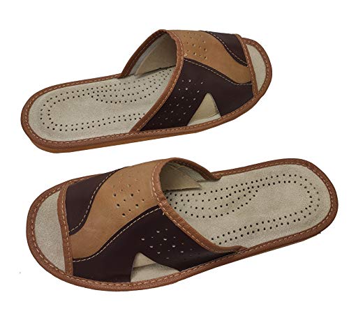 Hausschuhe Lederpantoffel Schuhe aus Leder Herren Pantoletten Schlappen mit Leder-Innensohle Herrenhausschuhe Größe 40,41,42,43,44,45,46 (Braun, 45) von Herby