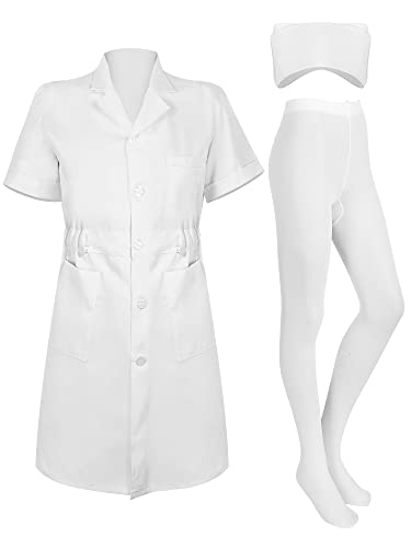Hercicy 3-teiliges Set, weiß, kurzärmelig, professionell, medizinisch, für Krankenschwestern, Hut, Stirnband, Krankenschwestern, Kappe, einfarbig, mit Fuß, für Damen (2XL) von Hercicy